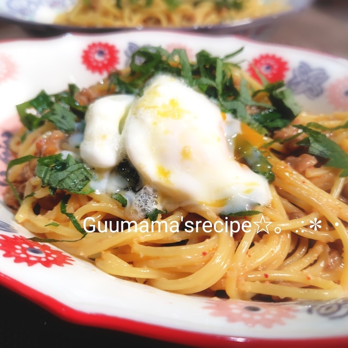 相性抜群♡簡単♡包丁不要♡納豆と明太子のパスタ